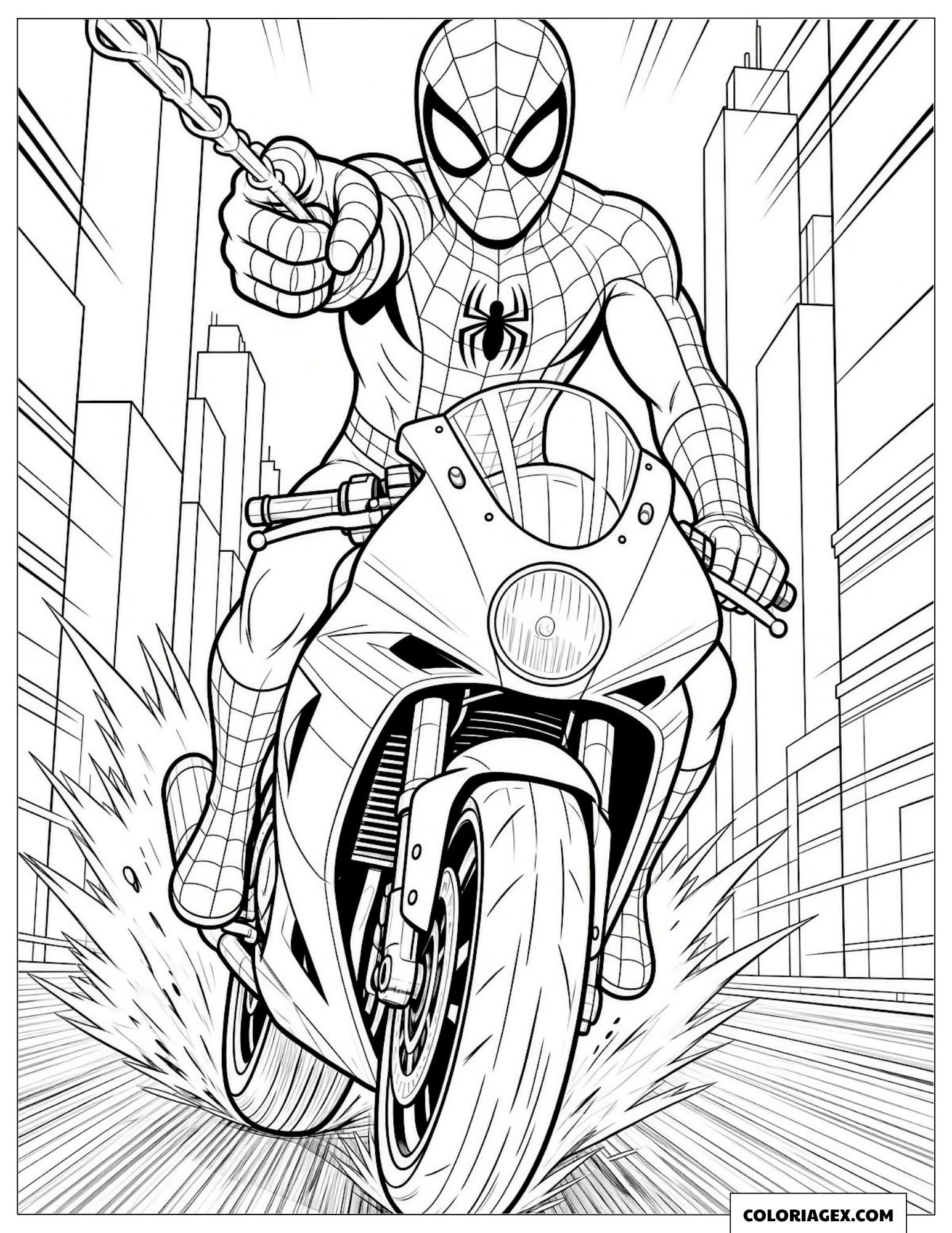 Coloriage Spider-Man fonçant en moto et lançant sa toile