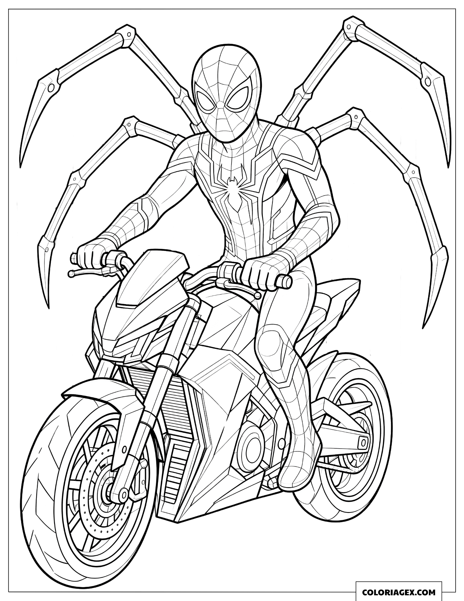 Coloriage Spider-Man Iron Spider sur une moto high-tech