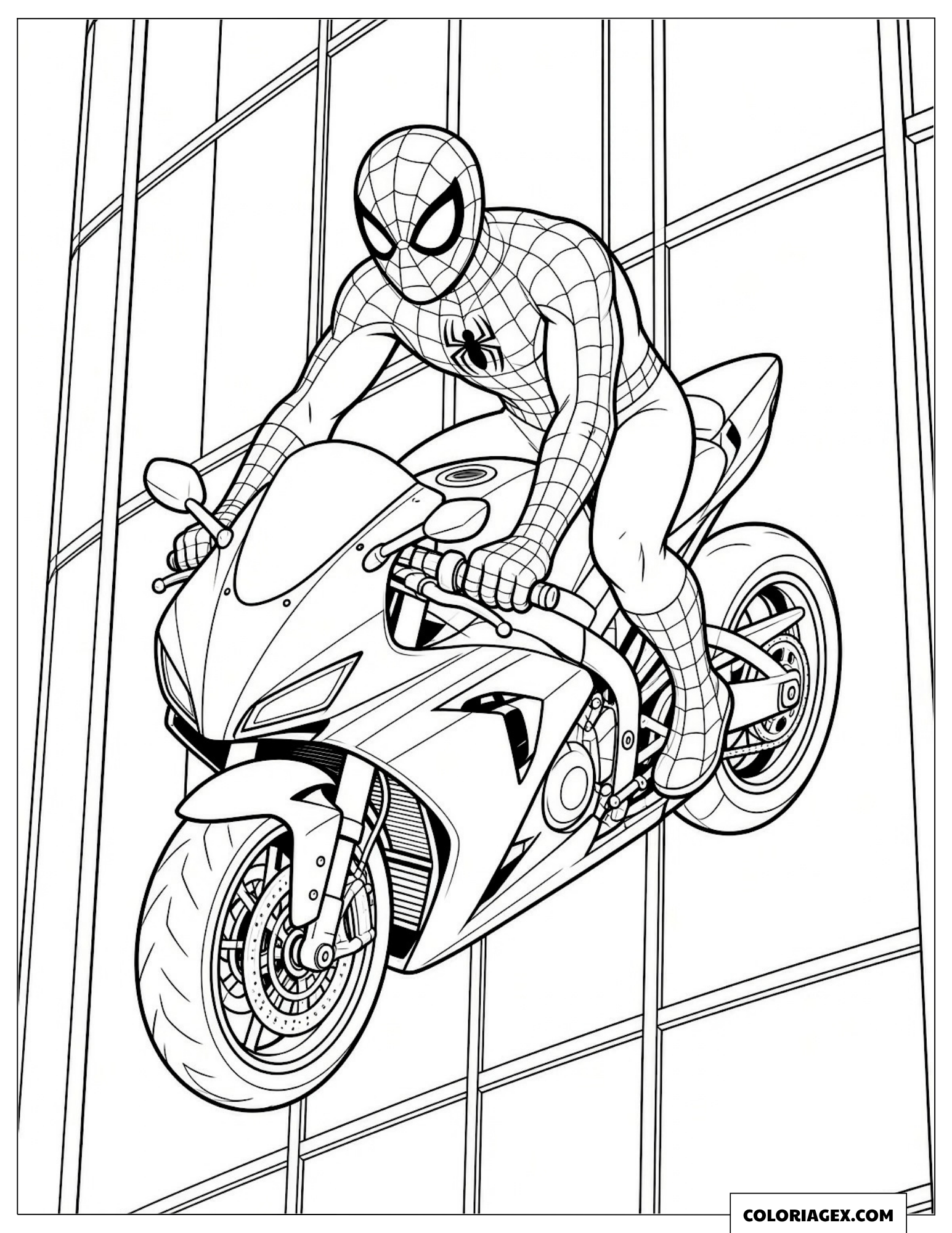 Coloriage Spider-Man roulant sur un mur en moto