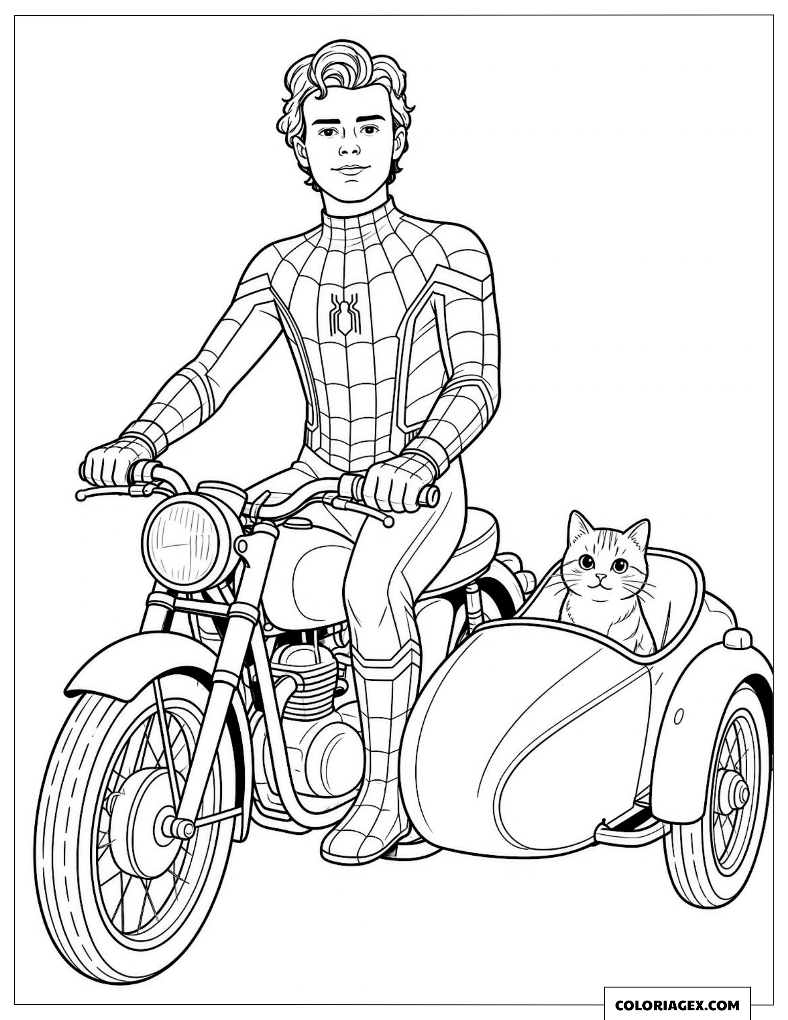 Coloriage Spider-Man transportant un chat en moto à side-car