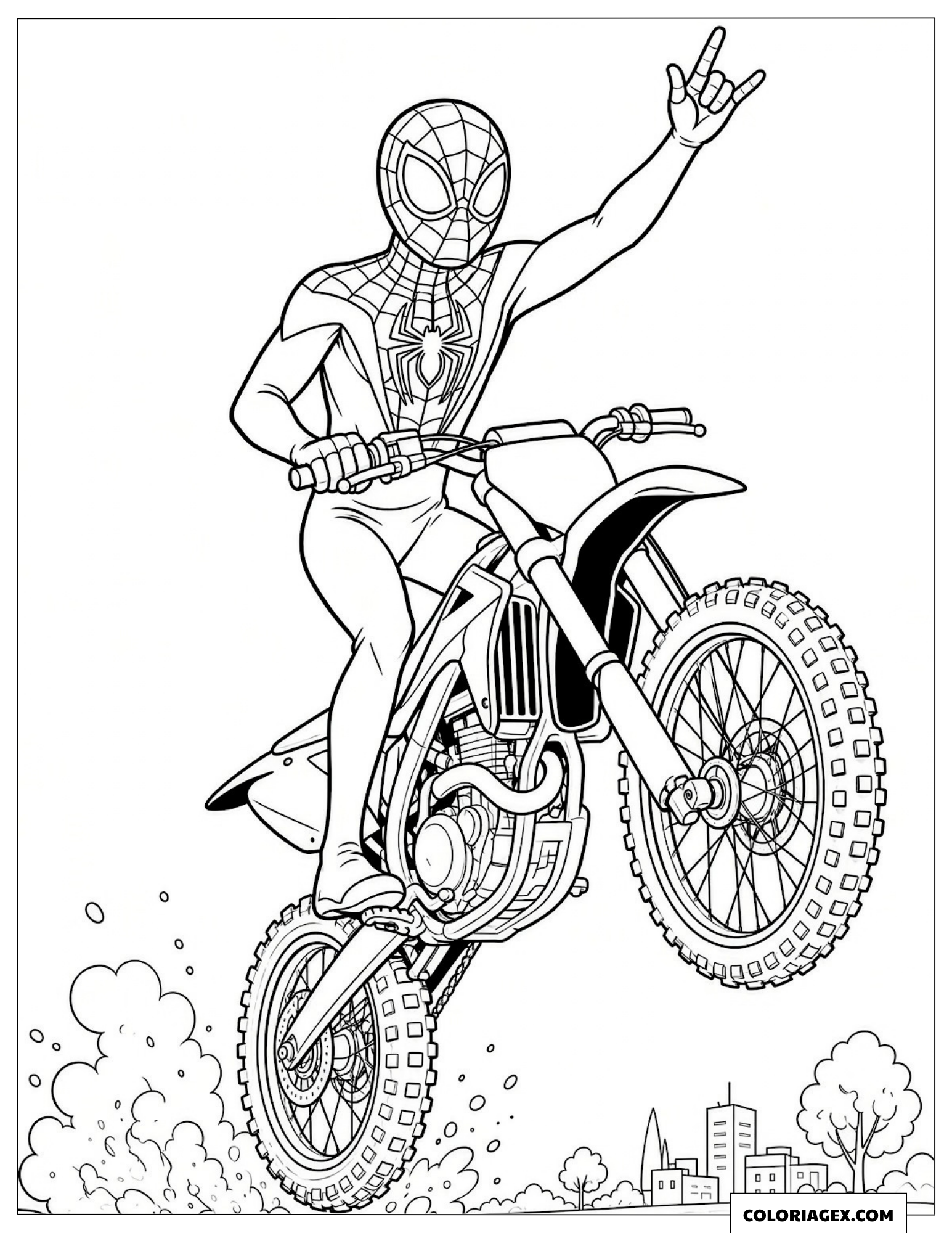 Dessin de Miles Morales faisant des acrobaties en moto tout-terrain