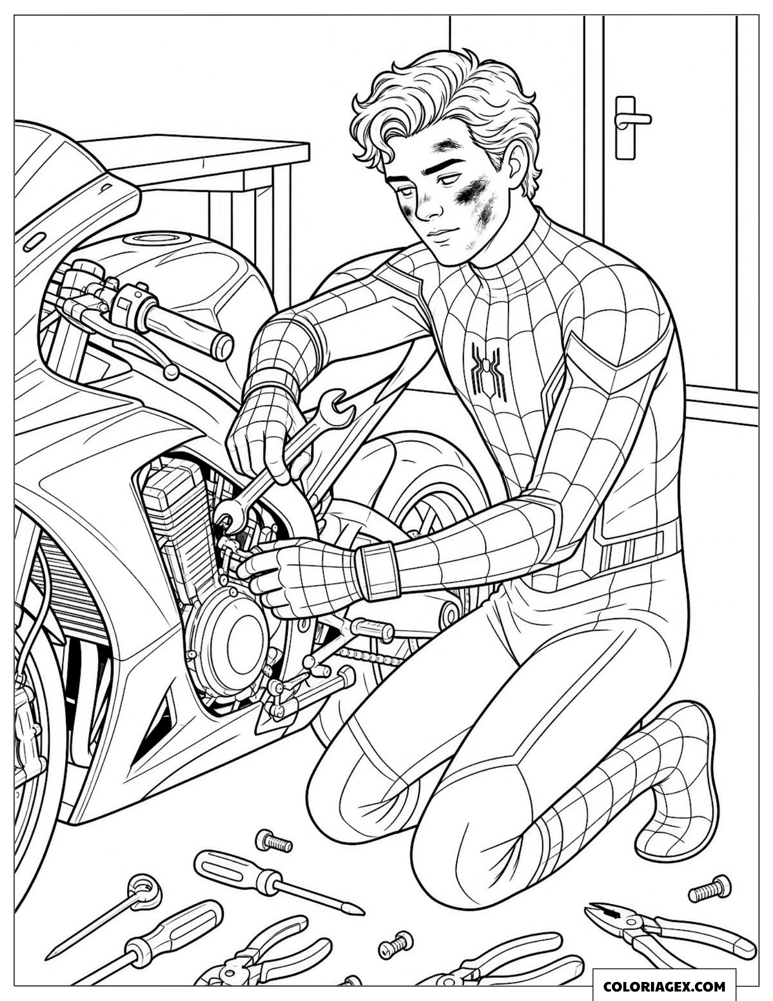 Dessin de Peter Parker réparant sa moto