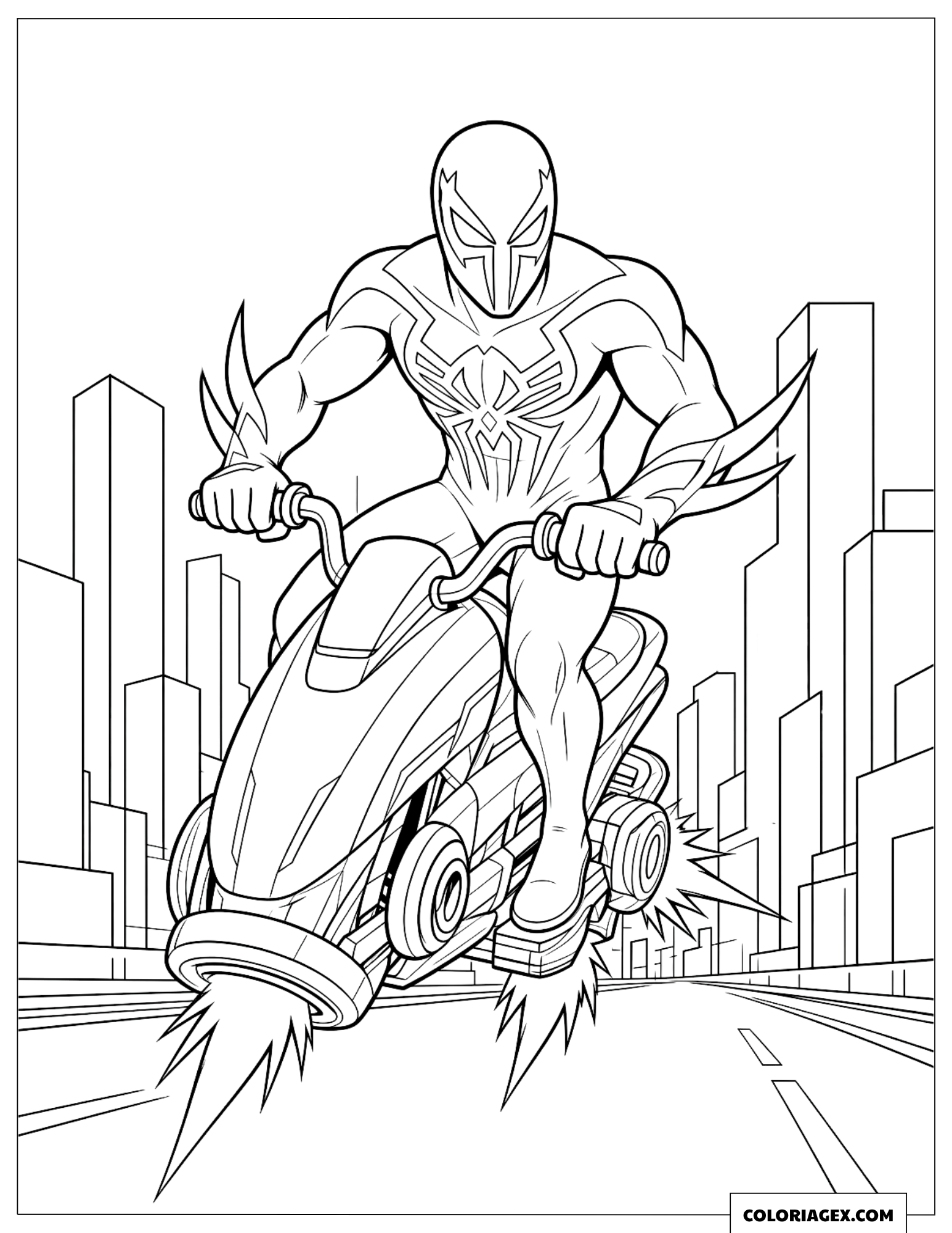 Dessin de Spider-Man 2099 sur une moto volante