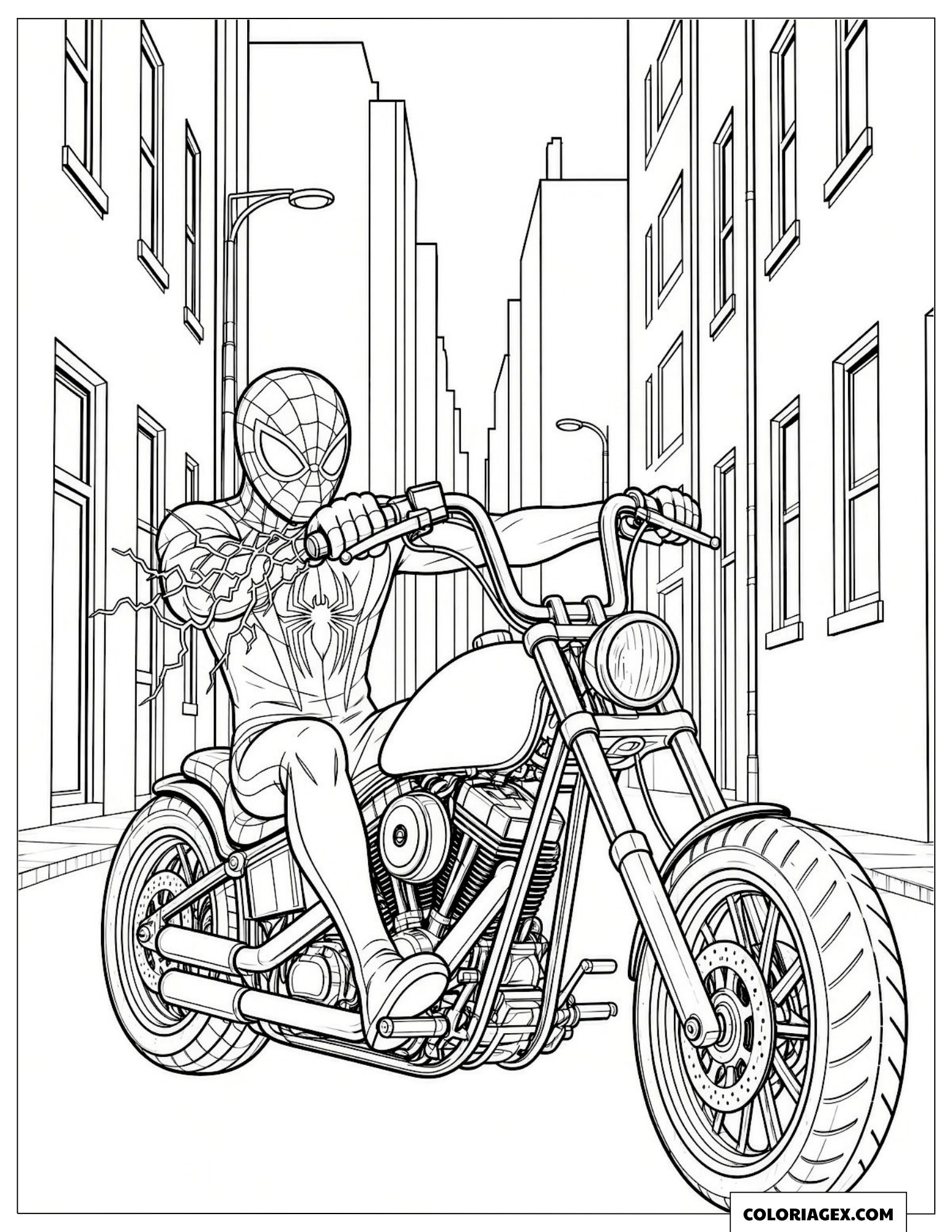 Dessin de Spider-Man noir sur une moto chopper