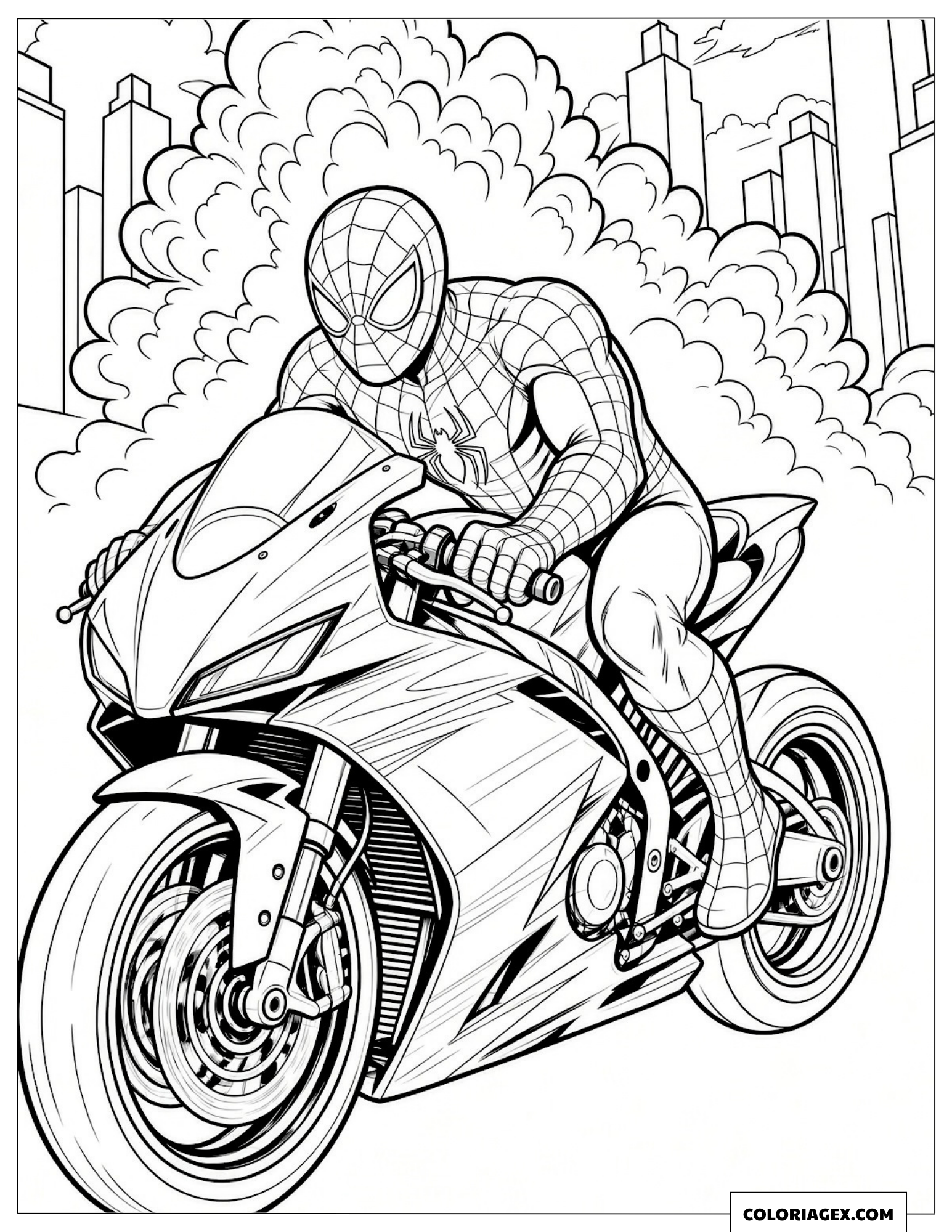 Dessin de Spider-Man s'échappant en moto d'une explosion