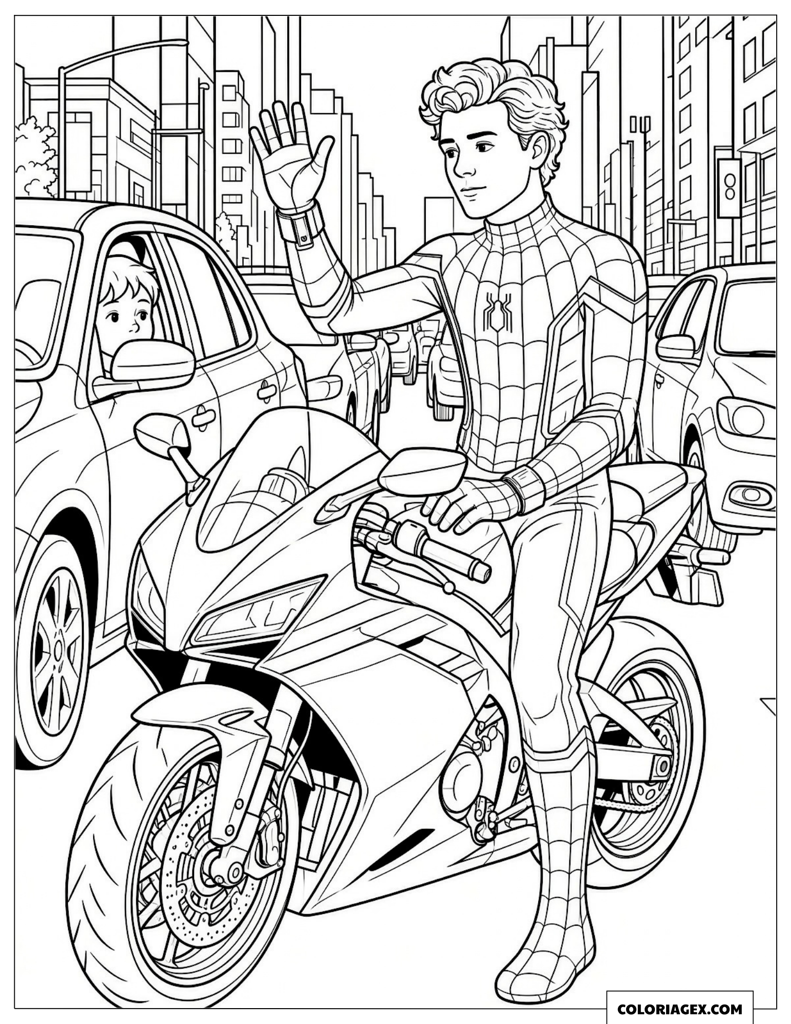 Dessin de Spider-Man saluant de la main dans un embouteillage