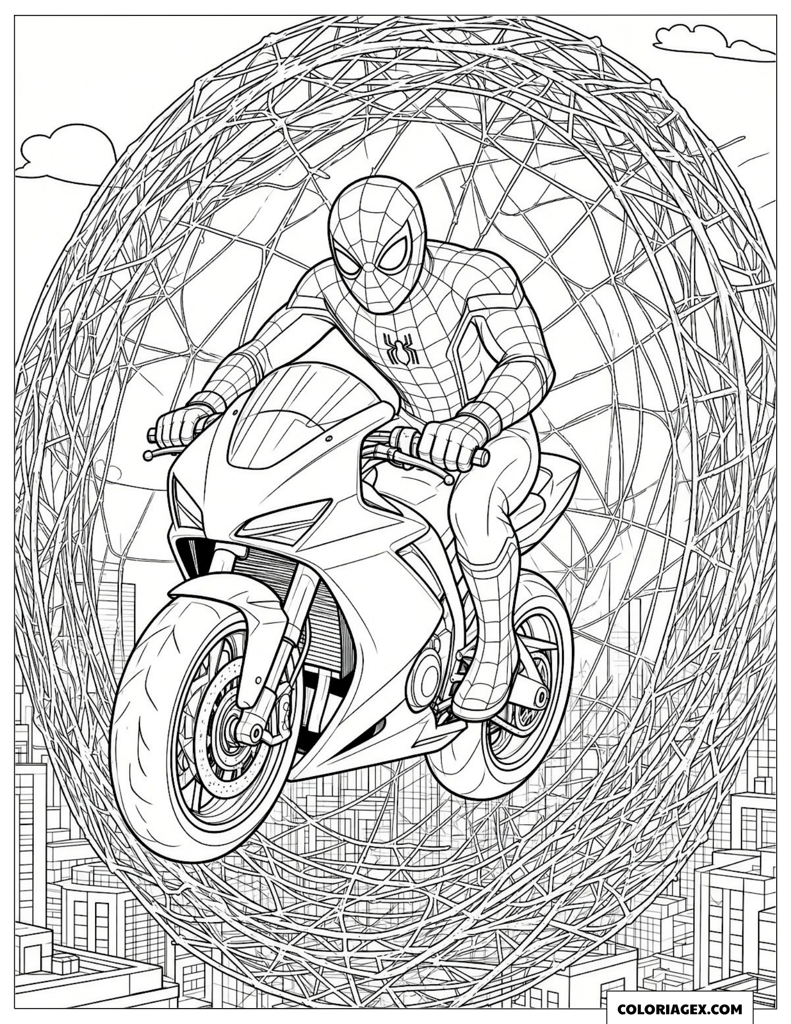 Dessin de Spider-Man traversant en moto un cercle de toile