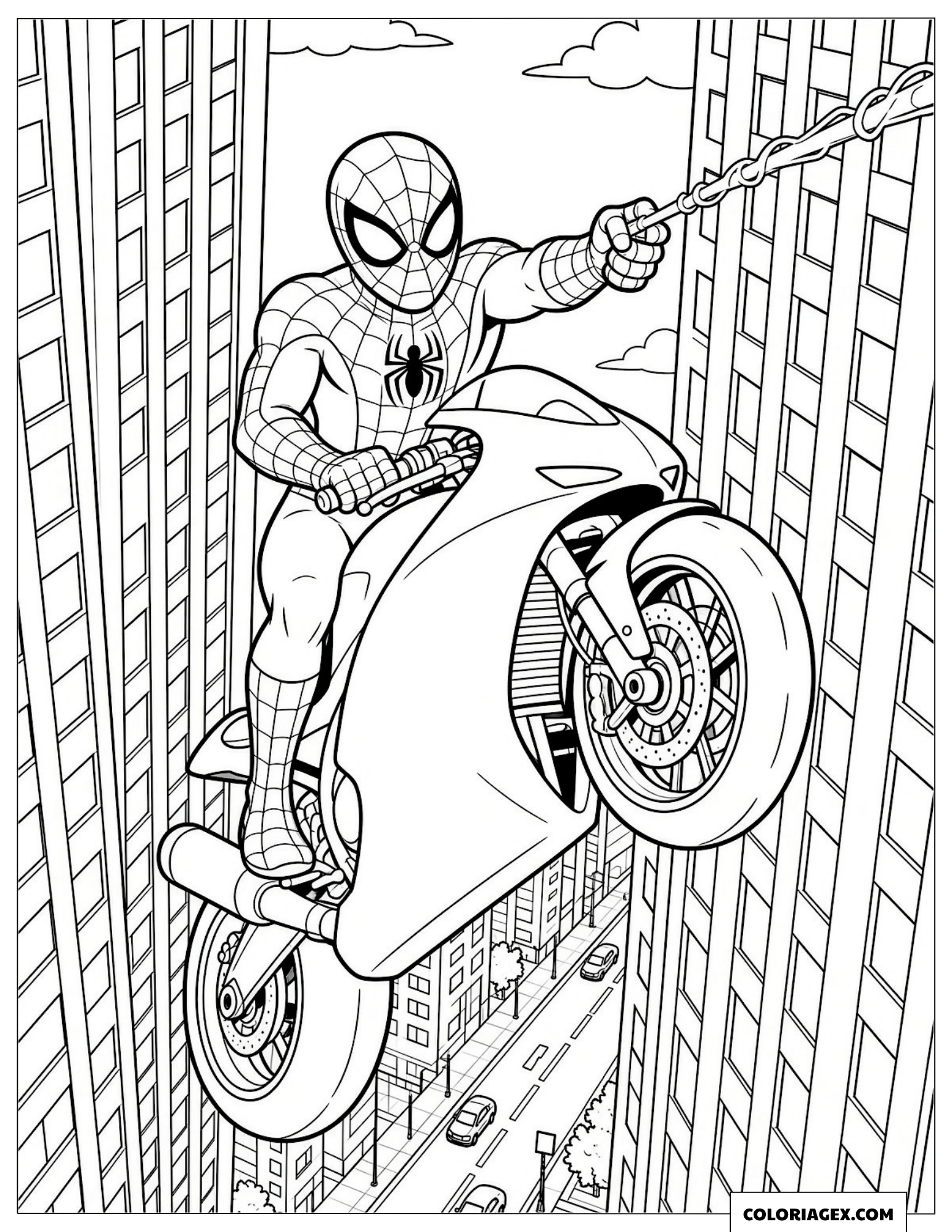 Dessin de Spider-Man volant en moto au-dessus des toits